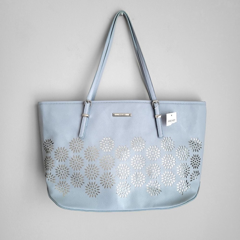 NWT Nine West It Girl Dust Blue Floral Silver Cut Out Accents Tote Bag - Picture 7 of 12